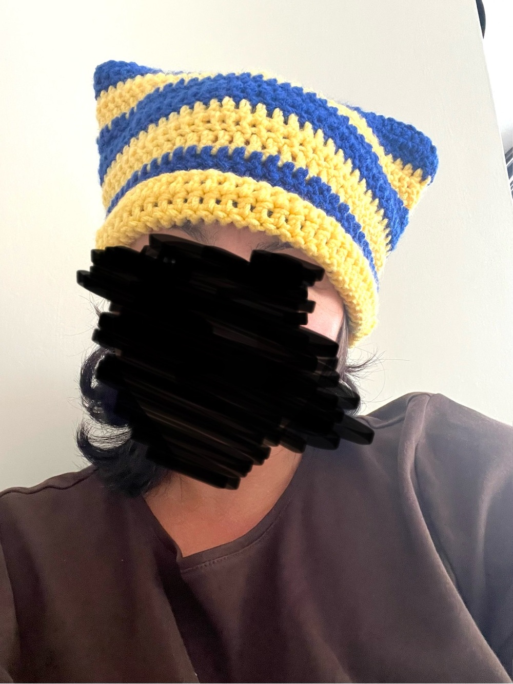 HANDMADE CROCHET Blue & Yellow Stripe Cat Ear Beanie